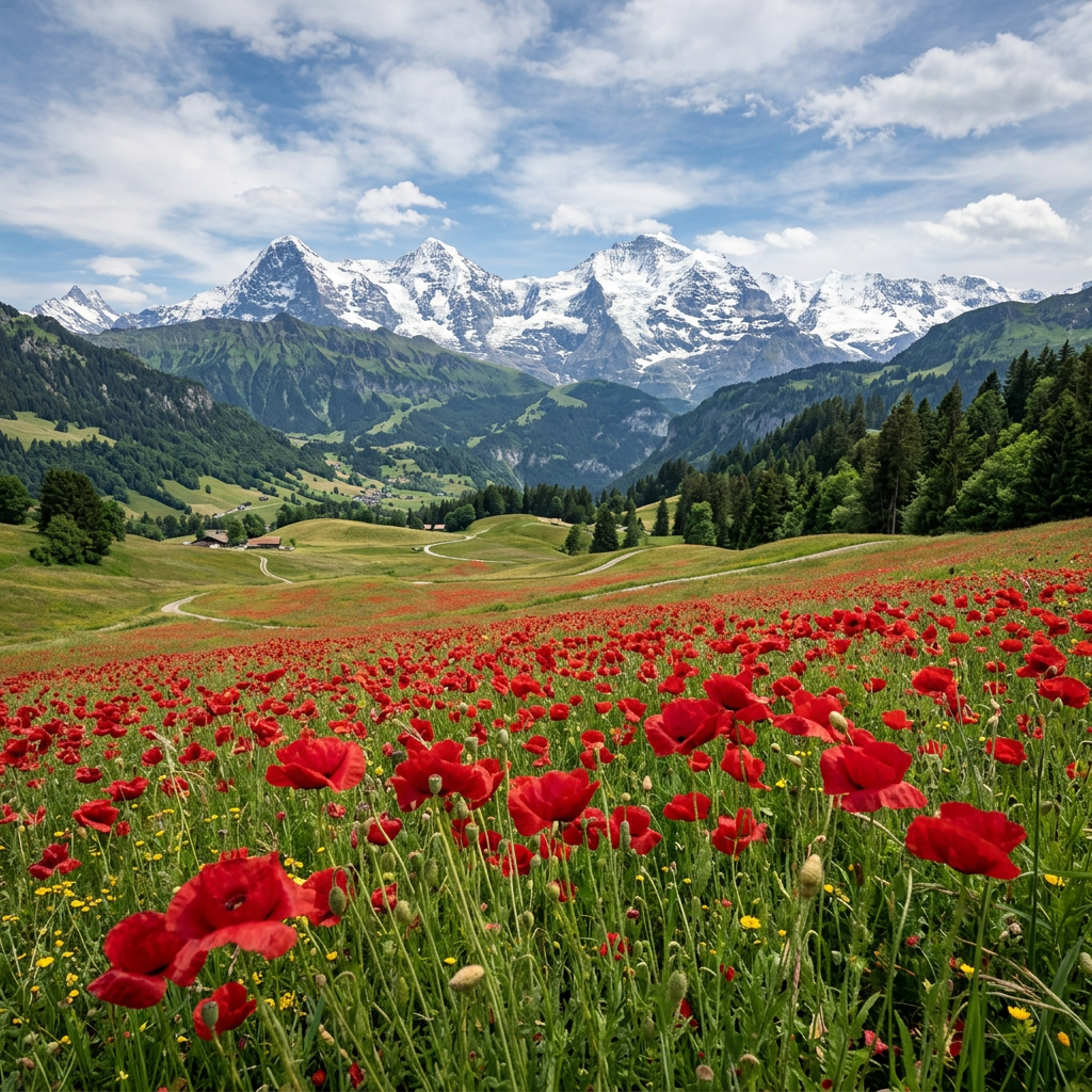 Red poppy meadow with green Alpine hills and snow-capped mountains